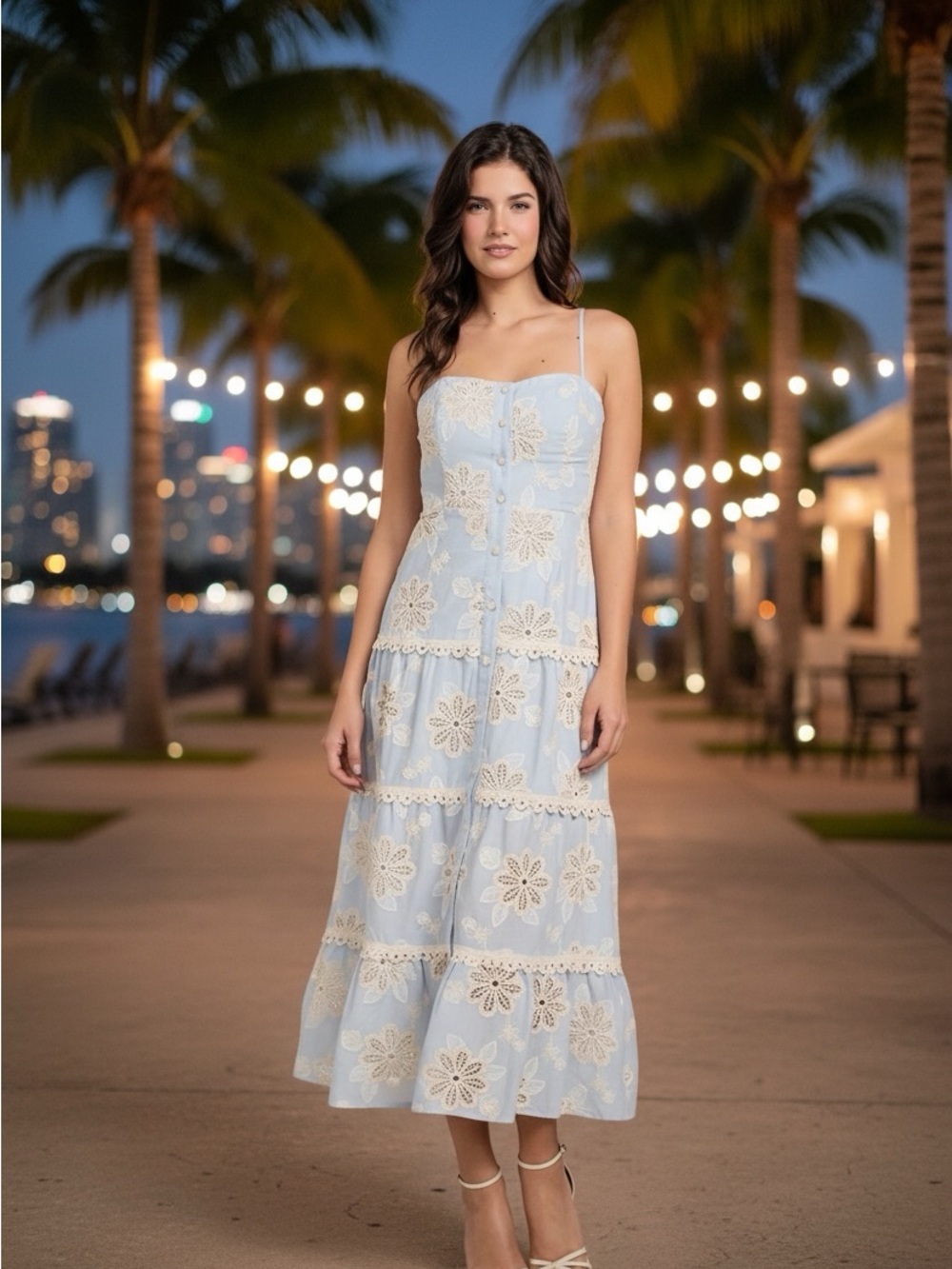 Guess Light Blue Floral Crochet Tiered Maxi Dress